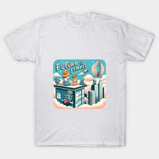 Future is Female -  Retro Futuristic Cityscape T-Shirt